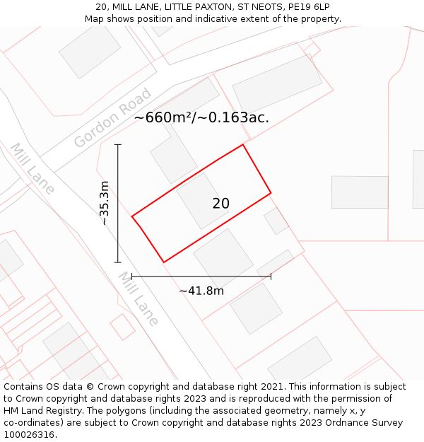 20, MILL LANE, LITTLE PAXTON, ST NEOTS, PE19 6LP: Plot and title map