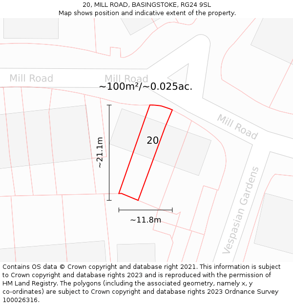 20, MILL ROAD, BASINGSTOKE, RG24 9SL: Plot and title map