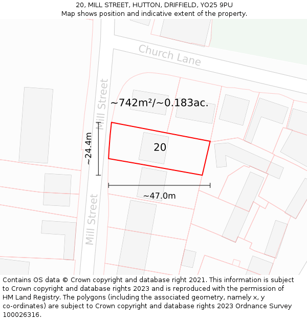 20, MILL STREET, HUTTON, DRIFFIELD, YO25 9PU: Plot and title map