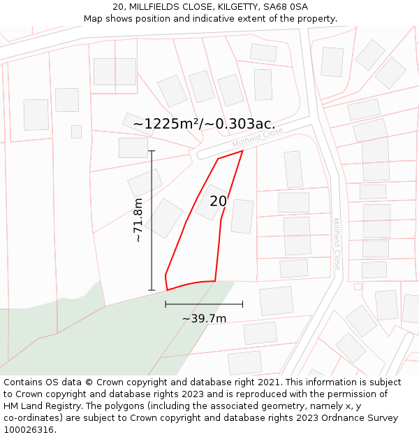 20, MILLFIELDS CLOSE, KILGETTY, SA68 0SA: Plot and title map