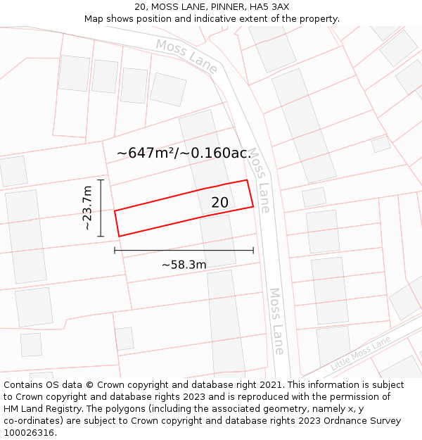 20, MOSS LANE, PINNER, HA5 3AX: Plot and title map