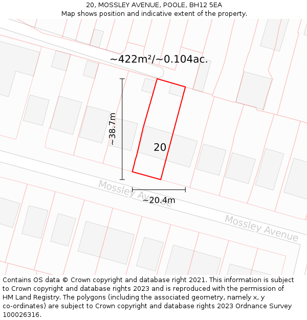 20, MOSSLEY AVENUE, POOLE, BH12 5EA: Plot and title map