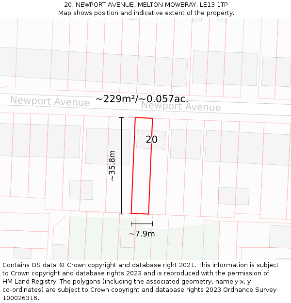 20, NEWPORT AVENUE, MELTON MOWBRAY, LE13 1TP: Plot and title map