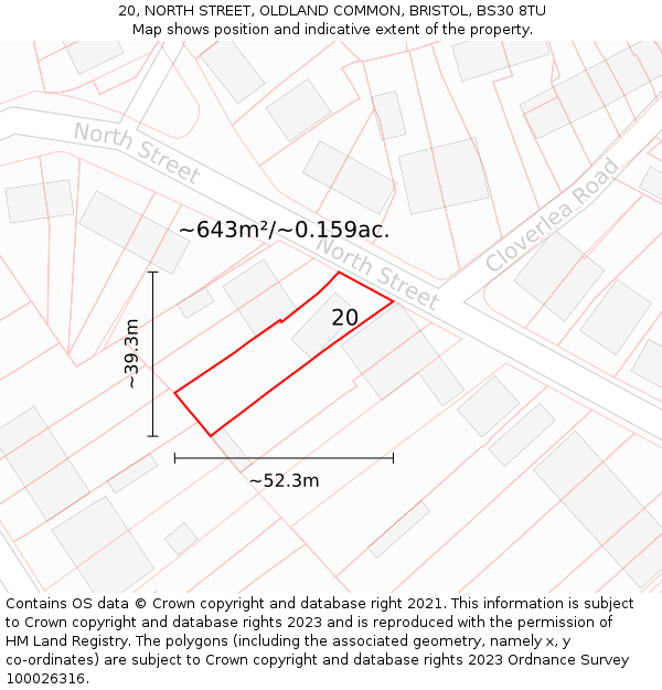 20, NORTH STREET, OLDLAND COMMON, BRISTOL, BS30 8TU: Plot and title map