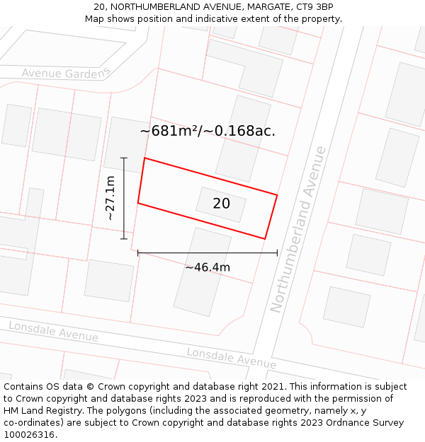 20, NORTHUMBERLAND AVENUE, MARGATE, CT9 3BP: Plot and title map