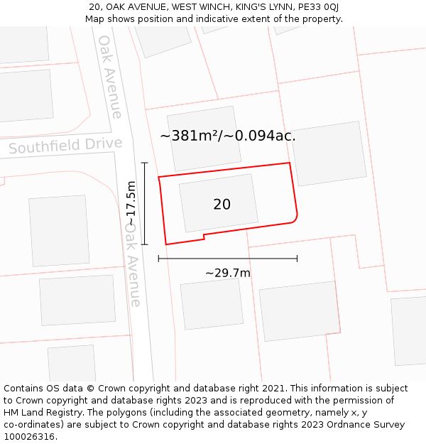 20, OAK AVENUE, WEST WINCH, KING'S LYNN, PE33 0QJ: Plot and title map