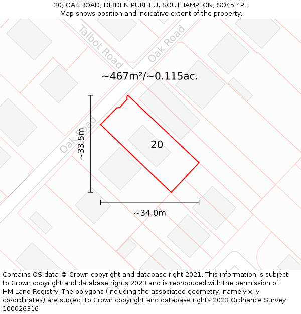 20, OAK ROAD, DIBDEN PURLIEU, SOUTHAMPTON, SO45 4PL: Plot and title map