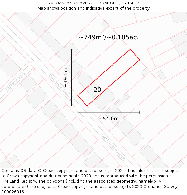 20, OAKLANDS AVENUE, ROMFORD, RM1 4DB: Plot and title map