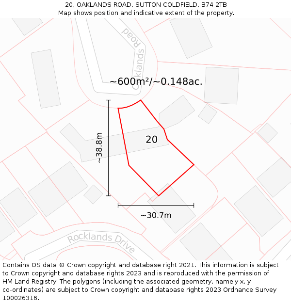 20, OAKLANDS ROAD, SUTTON COLDFIELD, B74 2TB: Plot and title map