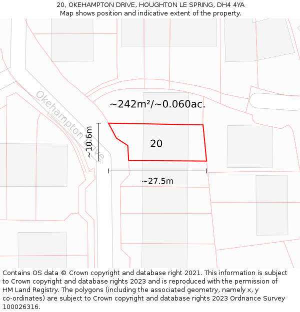 20, OKEHAMPTON DRIVE, HOUGHTON LE SPRING, DH4 4YA: Plot and title map