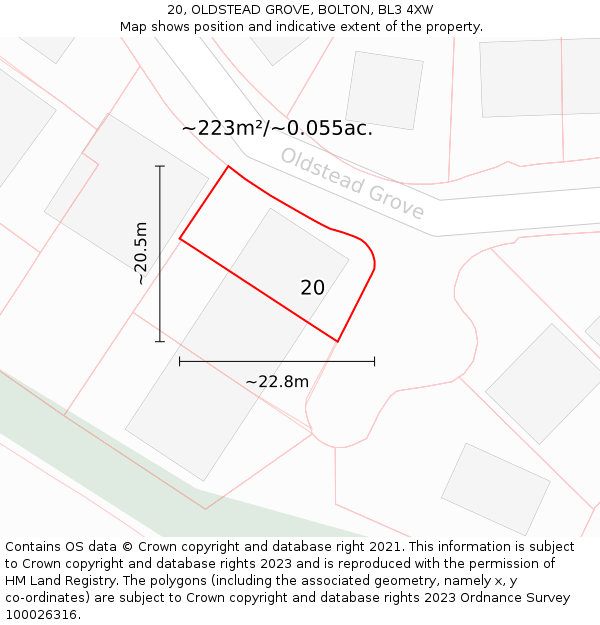 20, OLDSTEAD GROVE, BOLTON, BL3 4XW: Plot and title map