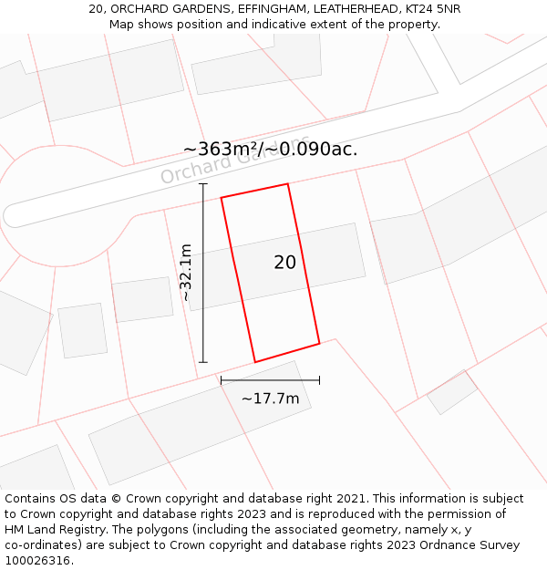 20, ORCHARD GARDENS, EFFINGHAM, LEATHERHEAD, KT24 5NR: Plot and title map