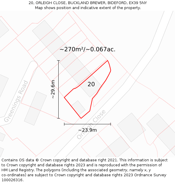 20, ORLEIGH CLOSE, BUCKLAND BREWER, BIDEFORD, EX39 5NY: Plot and title map