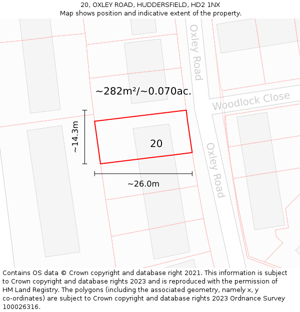 20, OXLEY ROAD, HUDDERSFIELD, HD2 1NX: Plot and title map