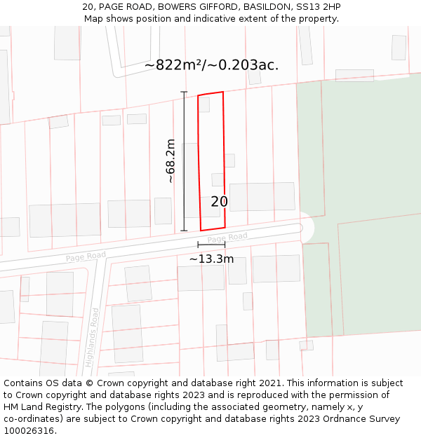 20, PAGE ROAD, BOWERS GIFFORD, BASILDON, SS13 2HP: Plot and title map