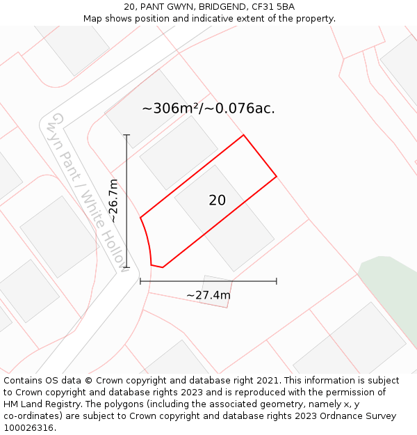 20, PANT GWYN, BRIDGEND, CF31 5BA: Plot and title map