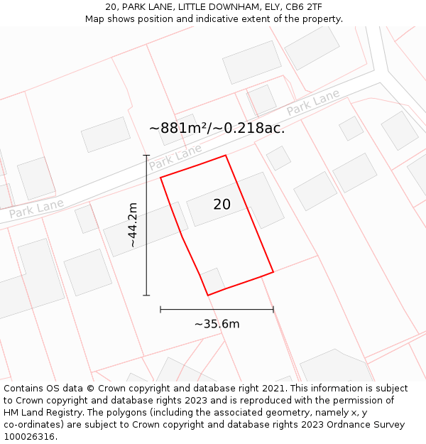 20, PARK LANE, LITTLE DOWNHAM, ELY, CB6 2TF: Plot and title map