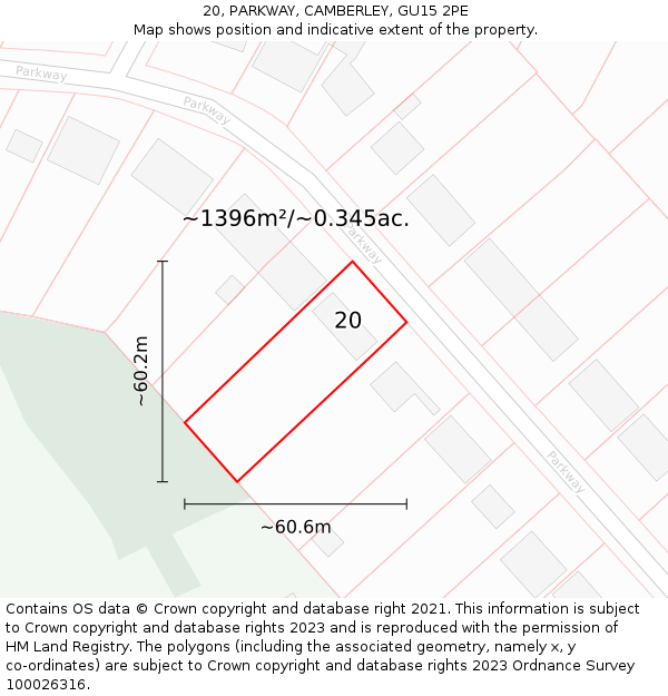 20, PARKWAY, CAMBERLEY, GU15 2PE: Plot and title map