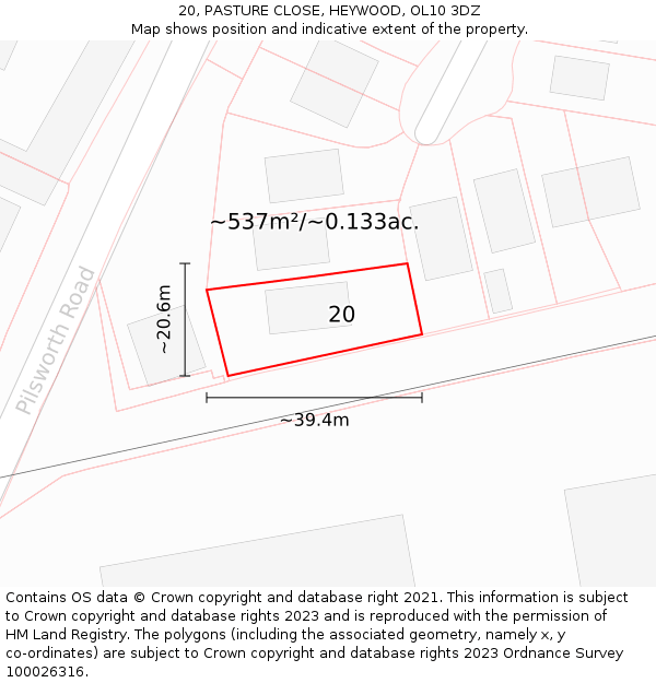 20, PASTURE CLOSE, HEYWOOD, OL10 3DZ: Plot and title map