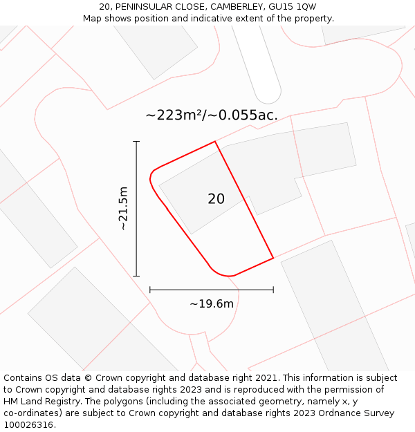 20, PENINSULAR CLOSE, CAMBERLEY, GU15 1QW: Plot and title map