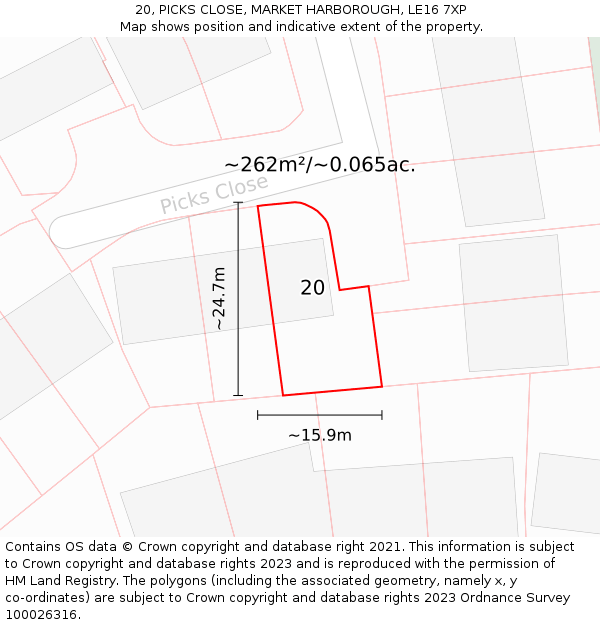 20, PICKS CLOSE, MARKET HARBOROUGH, LE16 7XP: Plot and title map