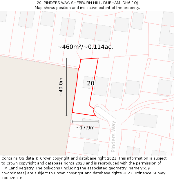 20, PINDERS WAY, SHERBURN HILL, DURHAM, DH6 1QJ: Plot and title map