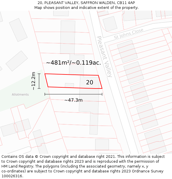 20, PLEASANT VALLEY, SAFFRON WALDEN, CB11 4AP: Plot and title map