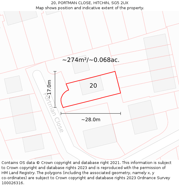 20, PORTMAN CLOSE, HITCHIN, SG5 2UX: Plot and title map