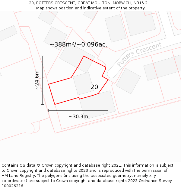 20, POTTERS CRESCENT, GREAT MOULTON, NORWICH, NR15 2HL: Plot and title map