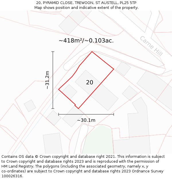 20, PYRAMID CLOSE, TREWOON, ST AUSTELL, PL25 5TP: Plot and title map