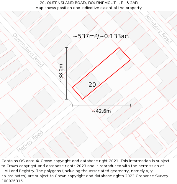 20, QUEENSLAND ROAD, BOURNEMOUTH, BH5 2AB: Plot and title map