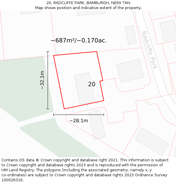 20, RADCLIFFE PARK, BAMBURGH, NE69 7AN: Plot and title map