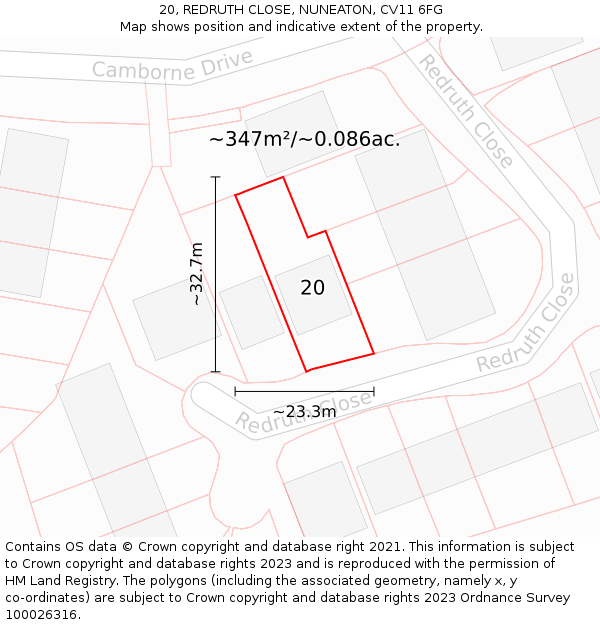 20, REDRUTH CLOSE, NUNEATON, CV11 6FG: Plot and title map