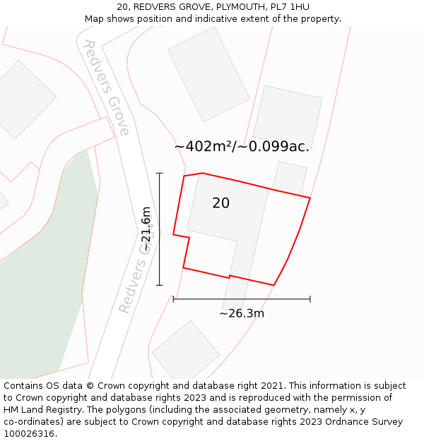 20, REDVERS GROVE, PLYMOUTH, PL7 1HU: Plot and title map