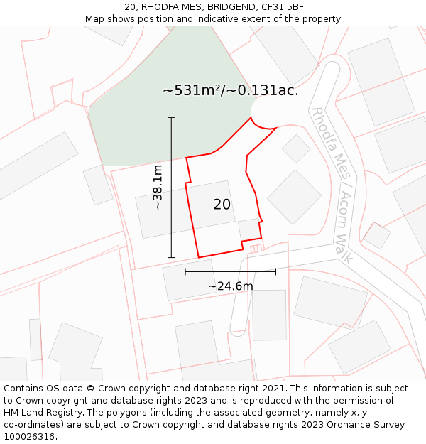 20, RHODFA MES, BRIDGEND, CF31 5BF: Plot and title map