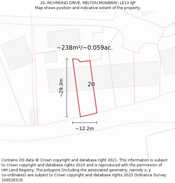 20, RICHMOND DRIVE, MELTON MOWBRAY, LE13 0JP: Plot and title map