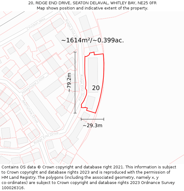 20, RIDGE END DRIVE, SEATON DELAVAL, WHITLEY BAY, NE25 0FR: Plot and title map