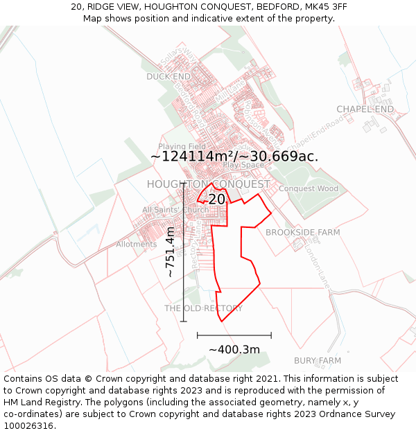 20, RIDGE VIEW, HOUGHTON CONQUEST, BEDFORD, MK45 3FF: Plot and title map