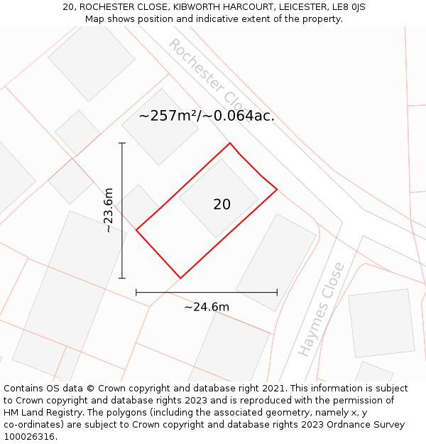 20, ROCHESTER CLOSE, KIBWORTH HARCOURT, LEICESTER, LE8 0JS: Plot and title map