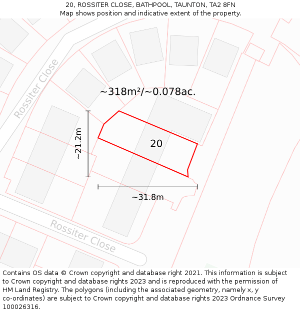 20, ROSSITER CLOSE, BATHPOOL, TAUNTON, TA2 8FN: Plot and title map