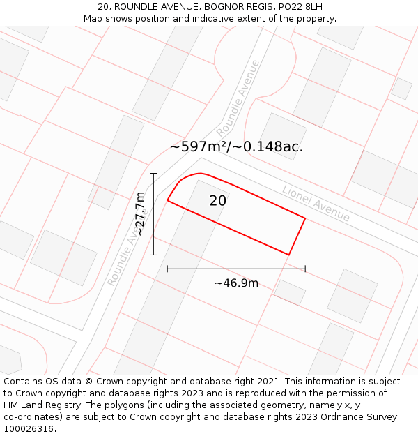 20, ROUNDLE AVENUE, BOGNOR REGIS, PO22 8LH: Plot and title map