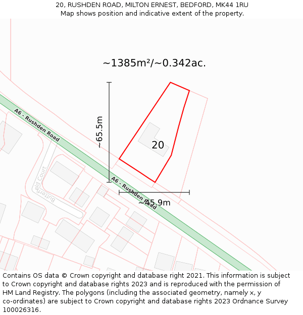 20, RUSHDEN ROAD, MILTON ERNEST, BEDFORD, MK44 1RU: Plot and title map