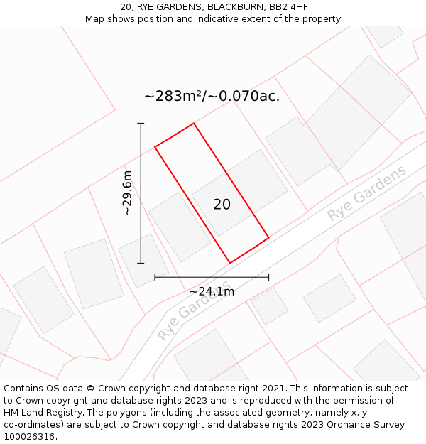 20, RYE GARDENS, BLACKBURN, BB2 4HF: Plot and title map