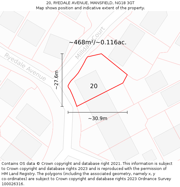 20, RYEDALE AVENUE, MANSFIELD, NG18 3GT: Plot and title map