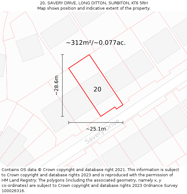 20, SAVERY DRIVE, LONG DITTON, SURBITON, KT6 5RH: Plot and title map