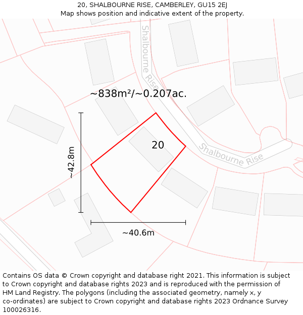 20, SHALBOURNE RISE, CAMBERLEY, GU15 2EJ: Plot and title map