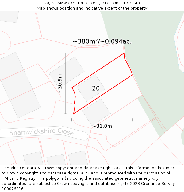 20, SHAMWICKSHIRE CLOSE, BIDEFORD, EX39 4RJ: Plot and title map