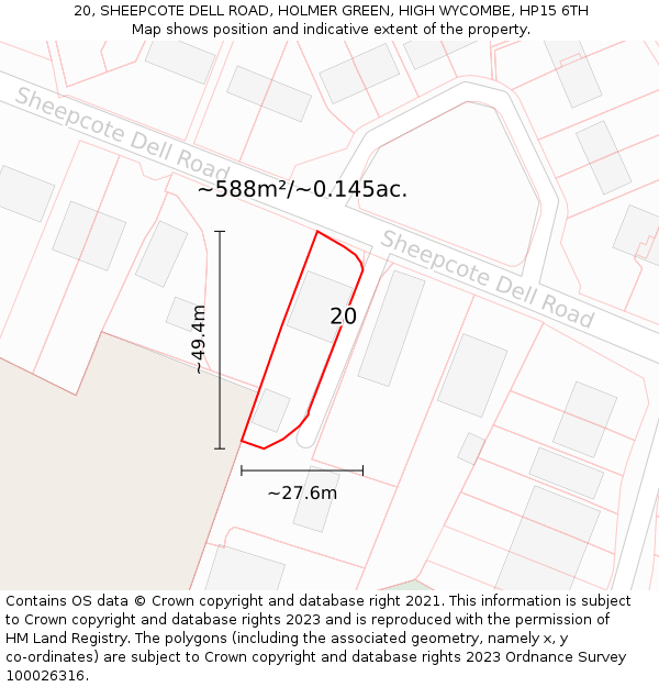 20, SHEEPCOTE DELL ROAD, HOLMER GREEN, HIGH WYCOMBE, HP15 6TH: Plot and title map