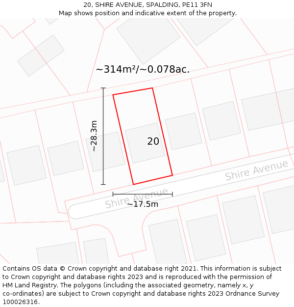 20, SHIRE AVENUE, SPALDING, PE11 3FN: Plot and title map