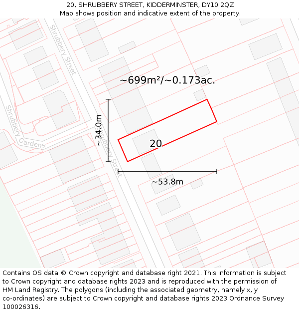 20, SHRUBBERY STREET, KIDDERMINSTER, DY10 2QZ: Plot and title map
